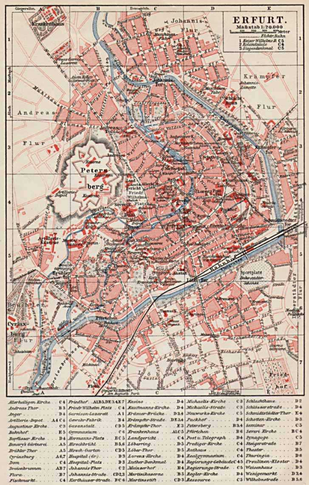 Ein detaillierter alter Stadtplan von Erfurt, Deutschland, der Straßen, Gebäude und Sehenswürdigkeiten zeigt, mit Text oben und unten auf dem Papier.