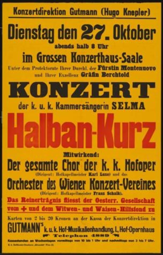 Gelbes Plakat wirbt für ein Konzert mit dem Titel 'Konzert Halban-Kurz' in Berlin, Deutschland.