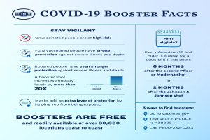 Ein Plakat mit Text und Bildern ├╝ber Covid-19-Booster-Fakten, darunter Statistiken, Virustyp, potentielle Risiken und eine Grafik einer Person mit Mund-Nasen-Schutz.