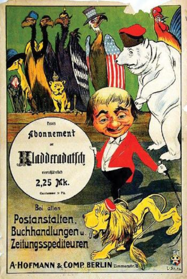 Ein altes deutsches Propagandaplakat für die Berliner Olympischen Spiele, das einen Mann in Anzug und Hut umgeben von verschiedenen Tieren, Vögeln und einer Flagge zeigt, mit olympischbezogenem Text.