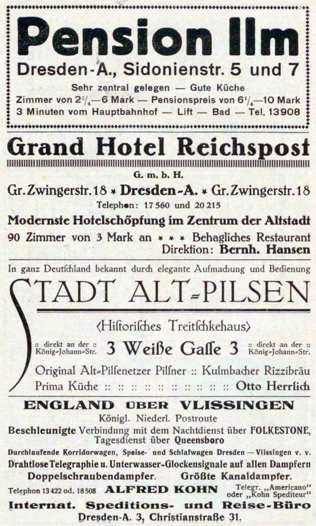 Eine alte Zeitungsanzeige für das Pension Inn in Dresden, Deutschland, mit schwarzem Text auf weißem Hintergrund.