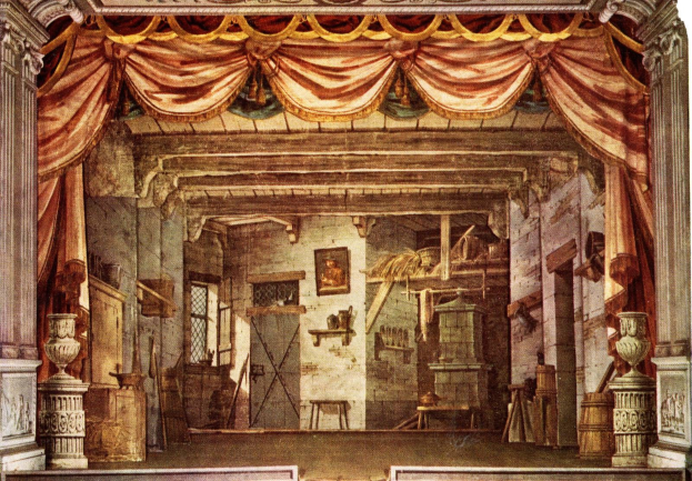 Ein Gemälde, das eine Bühne mit einem roten Vorhang zeigt, Skulpturen auf beiden Seiten, eine Wand mit einer Tür und einem Foto Rahmen im Hintergrund und Bänke unten, die eine theaterähnliche Szenerie schaffen.