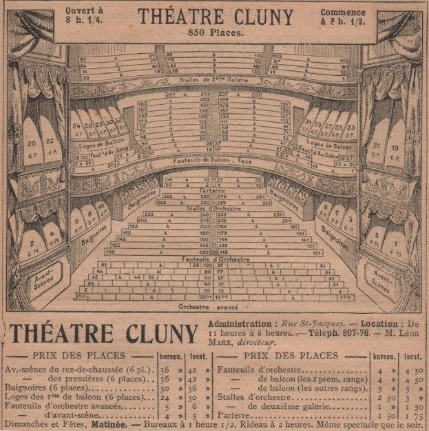 Eine alte Zeitungsanzeige für das Theater Cluny in Paris, die eine detaillierte Zeichnung des Zuschauerraums mit Sitzreihen, Vorhängen und Text zur Sitzplatzanordnung zeigt.