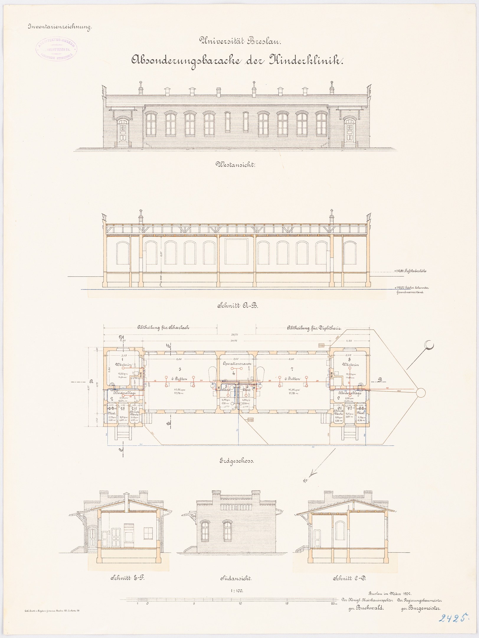 Schwarzes und weißes Architekturzeichnung eines Gebäudes mit zahlreichen Fenstern und einem Grundriss, beschriftet als die Universität Berlin.
