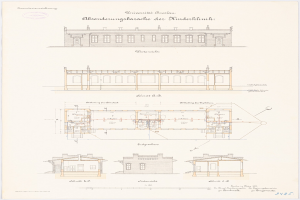 Schwarzes und weißes Architekturzeichnung eines Gebäudes mit zahlreichen Fenstern und einem Grundriss, beschriftet als die Universität Berlin.
