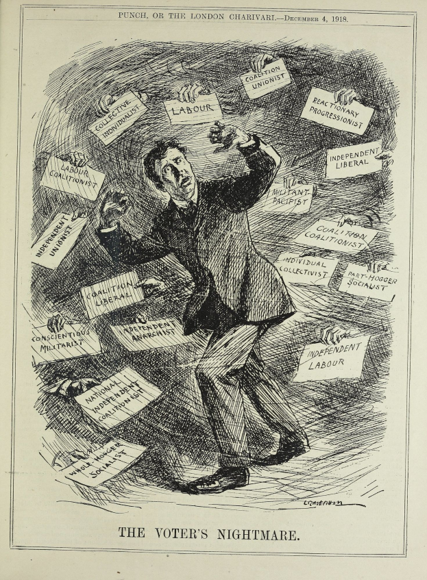 Eine Zeichnung eines Mannes in Anzug und Krawatte, der ein Schild hält, auf dem "Der Albtraum des Wählers" steht, mit entschlossener Miene.