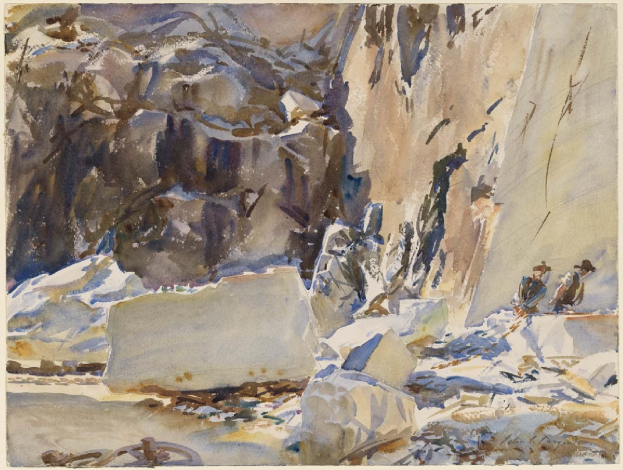 Ein Aquarell mit dem Titel "Mountain Scene" von John Singer Sargent, das eine verschneite Landschaft mit einer Gruppe von Menschen in Winterkleidung zeigt, die in einer Lichtung umgeben von zerklüfteten grauen Felsen und hohen Laubbäumen unter einem tiefblauen Himmel mit wolkigen Wolken steht.