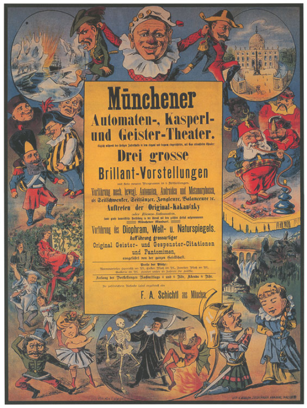 Ein nostalgischer deutscher Filmplakat für das Munchener Automaten-Kasperl- und Geister-Theater, das eine Gruppe von Menschen in bunten Kostümen in der Mitte zeigt, umgeben von Text, der eine lebhafte Atmosphäre suggeriert.