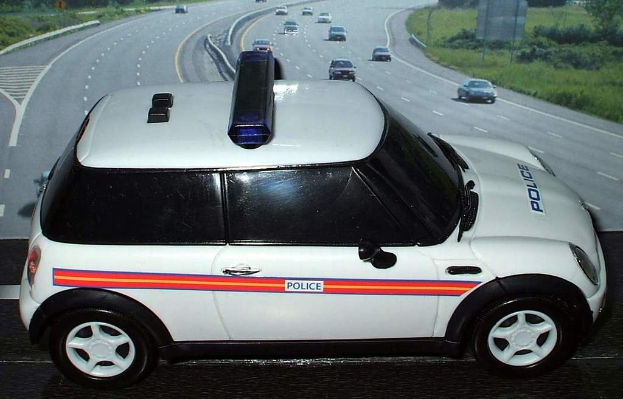 Ein weißer Polizeiwagen steht im Vordergrund mit mehreren Autos auf der Straße dahinter, umgeben von Gras und Bäumen auf beiden Seiten in einer ländlichen Umgebung.