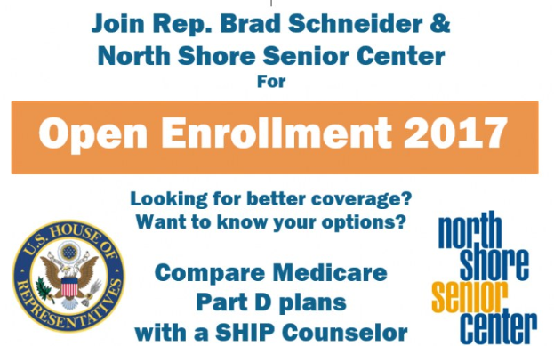 Plakat mit dem Text "Treten Sie Rep. Brad Schneider & North Shore Senior Center bei der Open Enrollment 2017" und einem Logo.