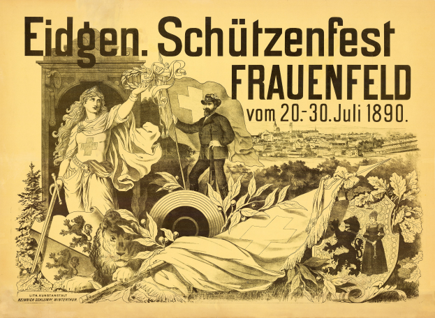 Ein Vintage-Plakat, das das Eidgenössische Schützenfest in Frauenfeld, Deutschland, bewirbt, zeigt einen Mann in einem Anzug und eine Frau in einem Kleid nebeneinanderstehend, mit Text, der Informationen zum Ereignis enthält.