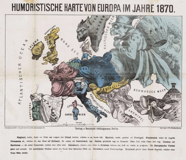 Ein Plakat mit einer Europakarte von 1870, umgeben von Cartoon-Bildern und dem Text "Humoristische Karte von Europa im Jahre 1870".