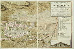 Ein detailliertes altes Stadtplan von Baden-Württemberg, Deutschland, das Straßen, Gebäude und Sehenswürdigkeiten zeigt, mit einem Gebäude in der rechten unteren Ecke und einem Text, der Stadtinformationen bereitstellt.