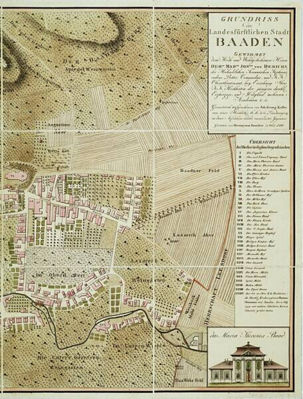 Ein detailliertes altes Stadtplan von Baden-Württemberg, Deutschland, das Straßen, Gebäude und Sehenswürdigkeiten zeigt, mit einem Gebäude in der rechten unteren Ecke und einem Text, der Stadtinformationen bereitstellt.