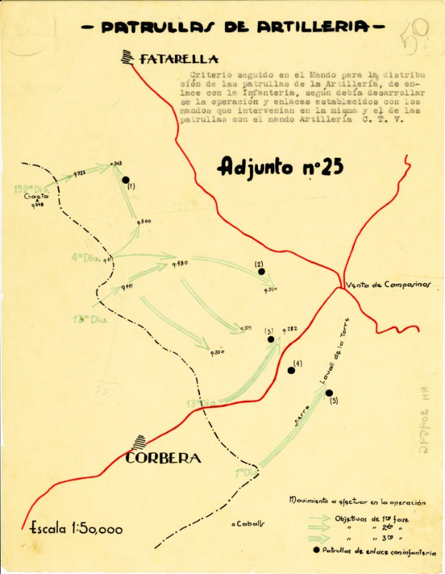 Ein detailliertes Papier mit einer Karte der Patrullas de Artilleria, das Straßen, Gebäude, Sehenswürdigkeiten und Texte mit Namen von Städten und Dörfern zeigt.