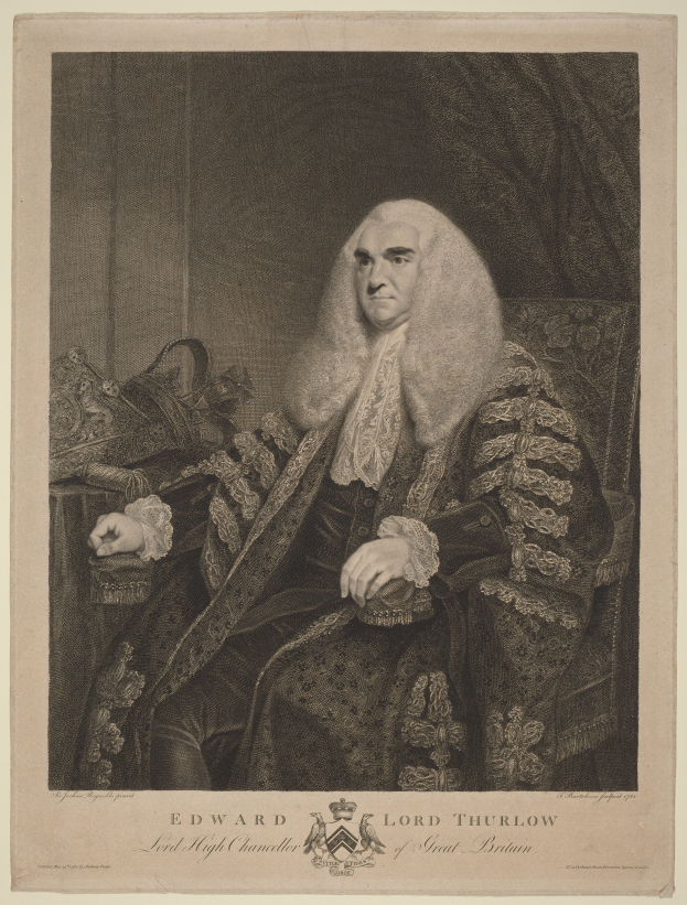 Edward Lord Thurlow, Lord High Chancellor of Great Britain, seated in a chair wearing a black and white dress, with text at the bottom of the image.