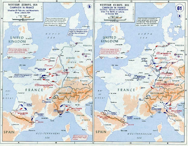 Eine Poster-Karte von Europa während der Schlacht von Leipzig, unterteilt in Abschnitte für Europa und Frankreich, mit nummerierten Regionen und beschrifteten geografischen Merkmalen.