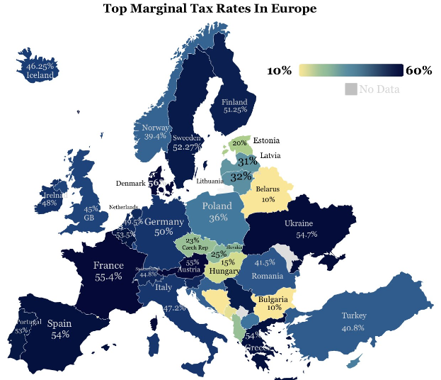 Eine Europakarte mit Farben, die die Spitzsteuersätze in jedem Land anzeigen, mit der Überschrift "Spitzsteuersätze in Europa".
