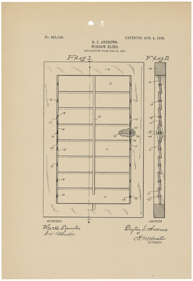 Patentzeichnung einer Tür mit Griff und Jalousie auf einem Blatt Papier mit begleitendem Text.