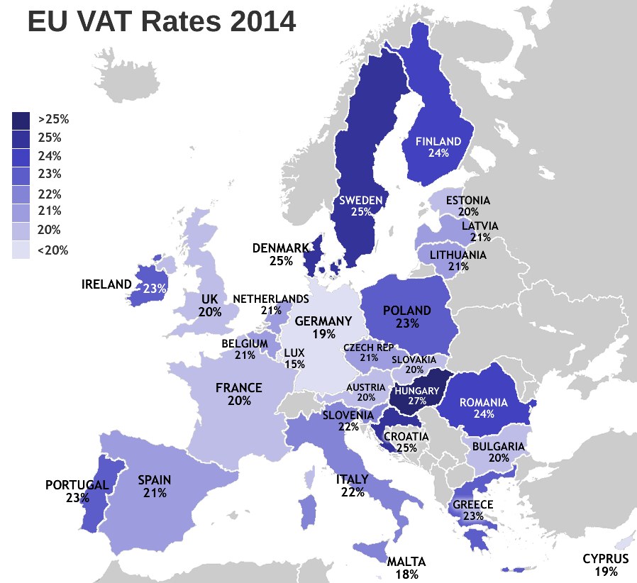 Eine Karte von Europa, die die EU-Mehrwertsteuersätze von 2014 mit entsprechenden Prozentangaben und Text anzeigt.
