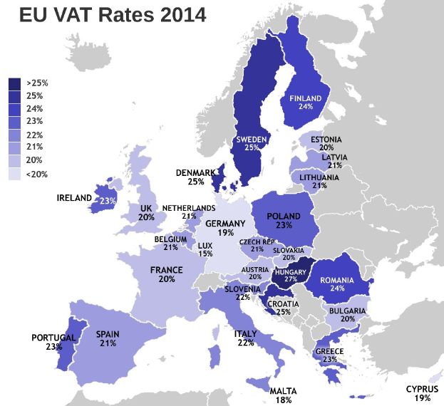 Eine Karte von Europa, die die EU-Mehrwertsteuersätze von 2014 mit entsprechenden Prozentangaben und Text anzeigt.