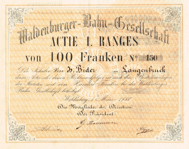 Ein altes deutsches Banknoten mit dem Porträt eines Mannes, mit Text: "Haldenburger-Balm Gesellschaft Actie 1 Ranges".