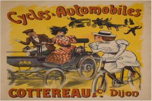 Ein Vintage-Plakat aus dem Jahr 1910, das Fahrräder und Automobile in Cottereau und Dijon, Frankreich, bewirbt und Menschen zeigt, die Fahrräder fahren und eine Kutsche mit dem Text "Fahrräder und Automobile" oben.