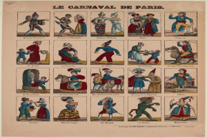 Ein Papier mit leuchtenden, detaillierten Bildern von Menschen in farbenfrohen Karneval von Paris Kostümen, einschließlich gefiederter Kopfschmuck und aufwändige Kopfbedeckungen, mit fetter Schrift.