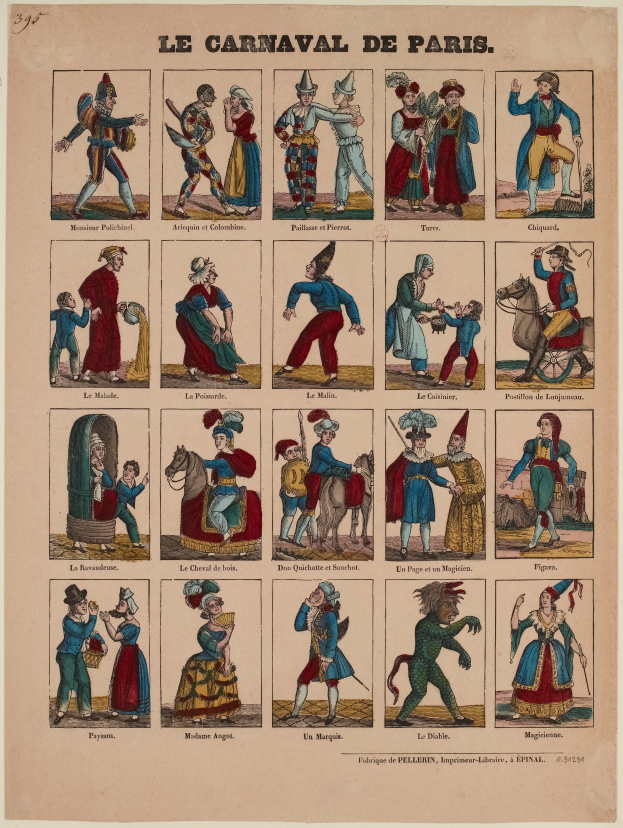 Ein Papier mit leuchtenden, detaillierten Bildern von Menschen in farbenfrohen Karneval von Paris Kostümen, einschließlich gefiederter Kopfschmuck und aufwändige Kopfbedeckungen, mit fetter Schrift.