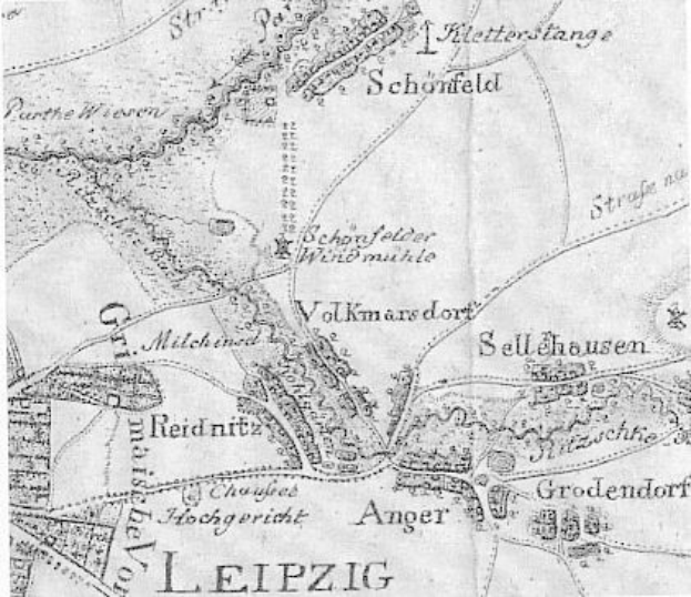 Detailierte alte Karte von Leipzig, Deutschland, mit Straßennamen, Gebäuden und Sehenswürdigkeiten mit beschreibendem Text.