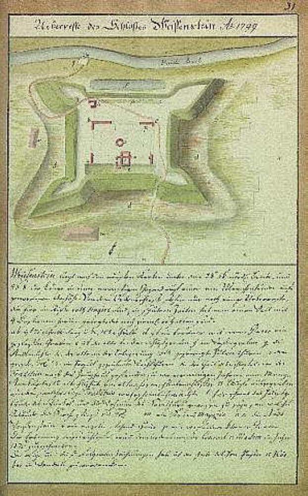 Eine alte Karte von Stuttgart, Deutschland, mit einer zentralen Illustration eines Schlosses und beschreibendem Text zu dessen Größe, Lage und Merkmalen.