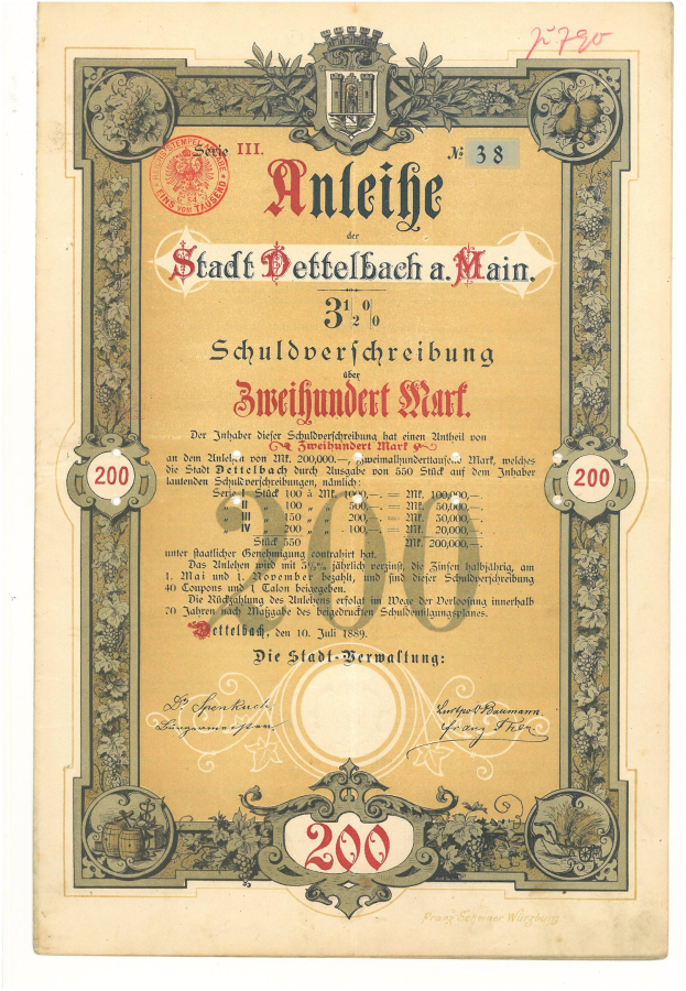 Altes deutsches Aktienzertifikat mit einem Männerporträt, mit gedrucktem Text und numerischen Werten, die die Aktiendetails angeben.