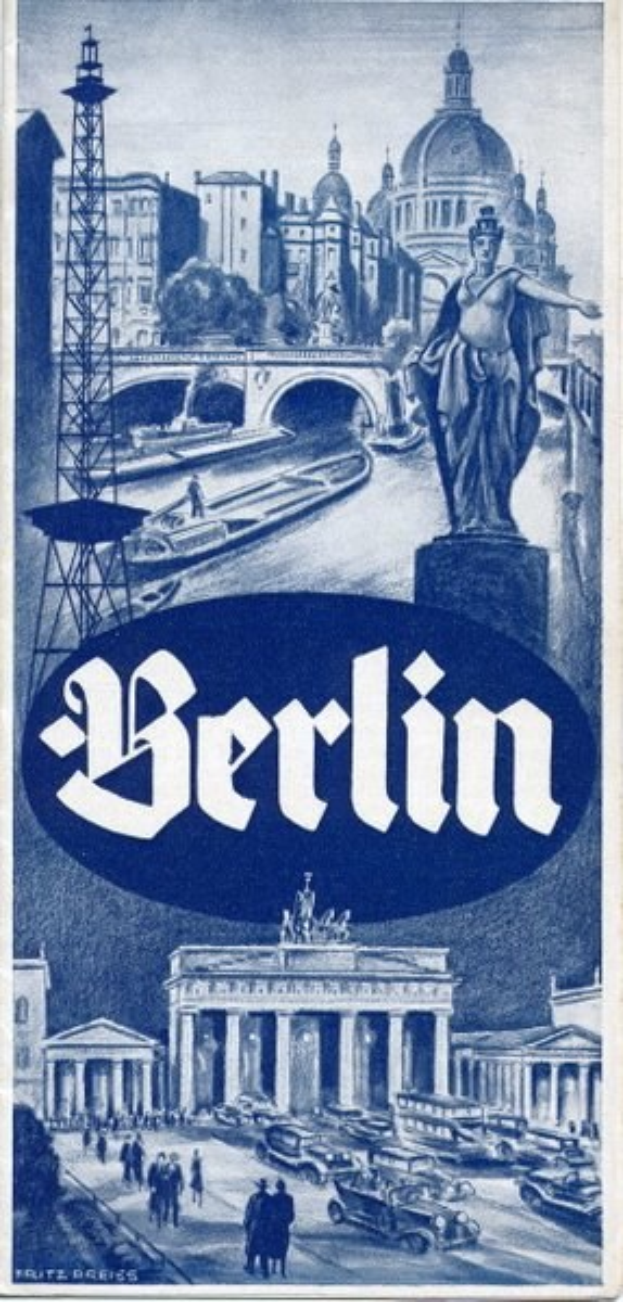 Plakat, das Berlin, Deutschland, mit einer Statue, Gebäuden, einem Turm, Menschen, Fahrzeugen auf der Straße und einer Brücke zeigt, mit Text, der Informationen über die Stadt enthält.