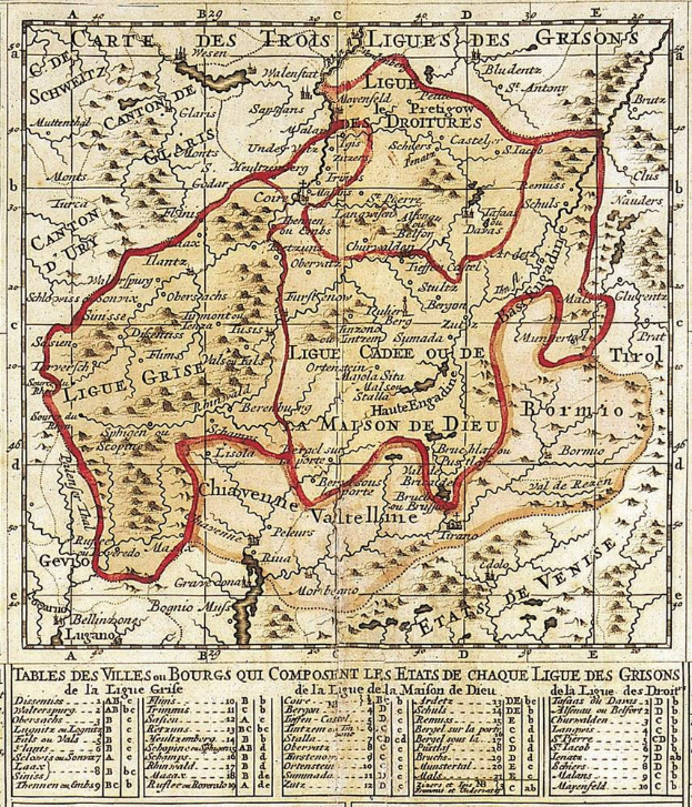 Eine 17. Jahrhundert-Karte von Frankreich mit dem Titel "carte de la ligue grisons" mit einer roten Linie, die hindurchläuft, die Städte, Ortschaften und geografische Merkmale zeigt.