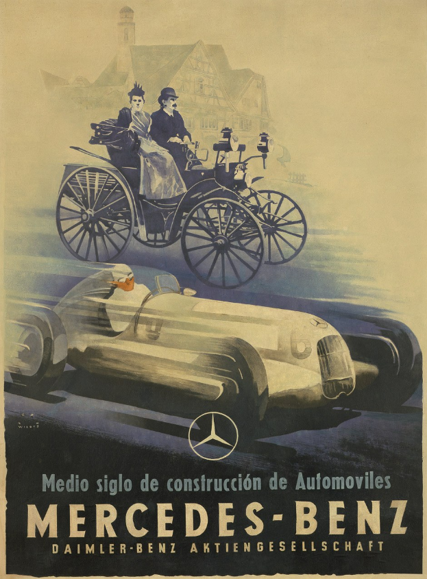 Vintage-Werbetafel für Mercedes-Benz aus den 1930er Jahren mit einem Auto und zwei Personen sowie einem Geb├Ąude im Hintergrund.