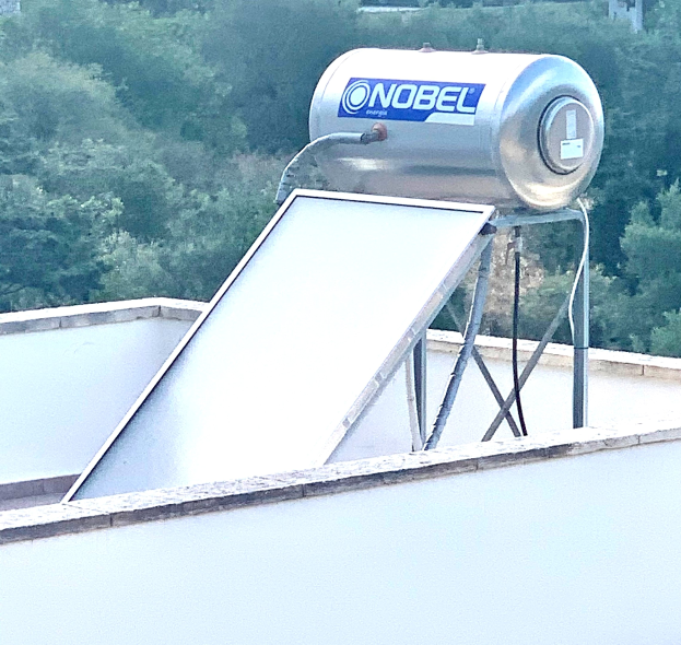 Solarwassererwärmer auf dem Dach eines Gebäudes mit einem Speichertank darüber, umgeben von Bäumen im Hintergrund.