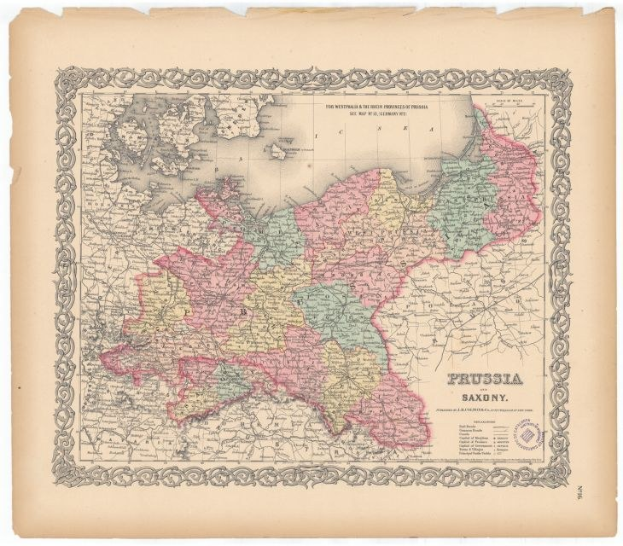 Alte gedruckte Landkarte der preußischen und sächsischen Provinzen mit sichtbaren Grenzen auf altem Papier.