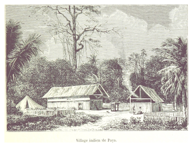 Luftbild eines ländlichen Dorfes in den Philippinen mit Häusern, Bäumen und Vegetation unter einem Himmel, mit Text unten.