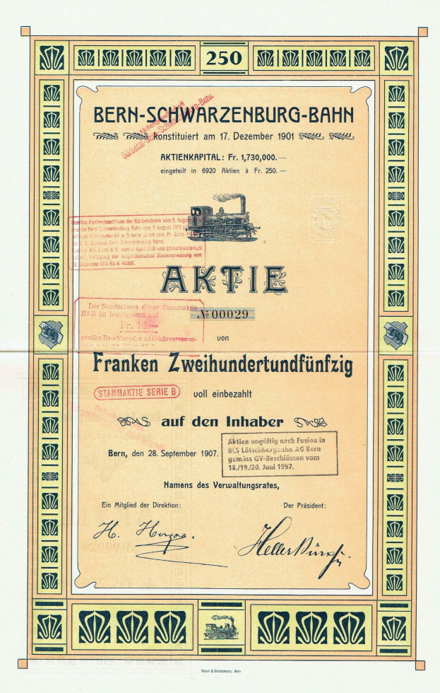 Altes deutsches Regierungsaktienzertifikat für Bern-Schwarzenburg-Bahn mit einer Abbildung eines Zuges und gedrucktem Text.