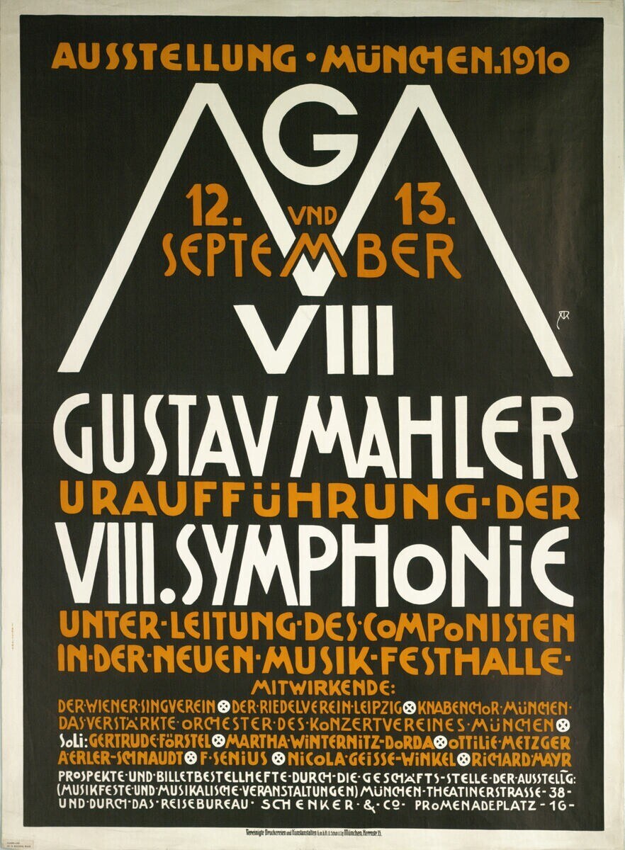 Plakat für Gustav Mahlers sinfonisches Konzert in München, Deutschland, in der Mitte des Bildes mit Text.