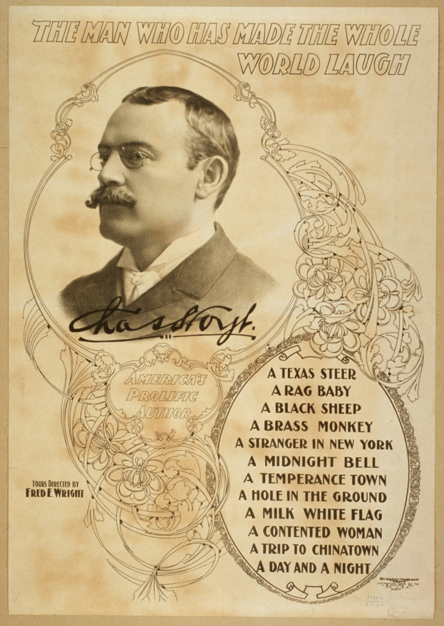 Ein Plakat mit einem ernst dreinblickenden Mann mit Schnurrbart, Brille und Anzug, darüber der Text "Der Mann, der die ganze Welt zum Lachen gebracht hat"