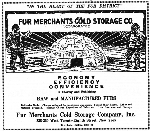 Werbung für Fur Merchants Cold Storage Company, Inc. mit zwei Personen vor einer igluähnlichen Struktur mit Textbeschreibung der Unternehmensdienstleistungen.