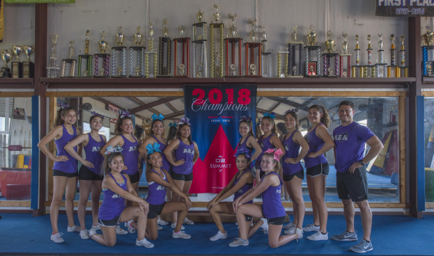 Gruppe von Cheerleadern in lila T-Shirts und schwarzen Shorts, die vor einem Vitrinenschrank mit einer '2018 Summit Cheerleading Champions'-Aufschrift posieren.