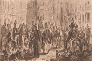 Eine belebte viktorianische Straßenszene in London mit Menschen in historischer Kleidung, die eine belebte Stadtstraße entlanggehen