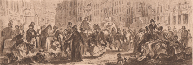 Eine belebte viktorianische Straßenszene in London mit Menschen in historischer Kleidung, die eine belebte Stadtstraße entlanggehen