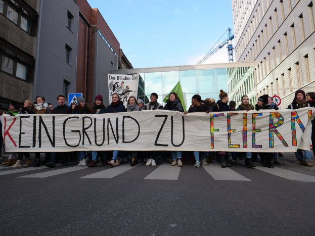Gruppe von Menschen auf einer Straße mit einem Banner, das "Kein Grund zu Feiern" gegen die Sparpolitik der deutschen Regierung protestiert, mit Gebäuden, einem Schild, einem weiteren Banner, einem Kran und einem bewölkten Himmel im Hintergrund.