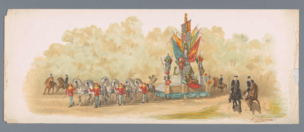 Ein Gemälde eines Karnevalsumzugs mit Menschen in bunten Kostümen, die auf Pferden vor einem geschmückten Motivwagen reiten, vor einem klaren blauen Himmel mit Bäumen im Hintergrund.