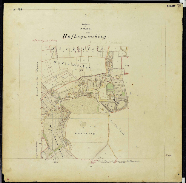 Schwarz-weiß-Karte von Hofhegenberg, Deutschland, mit schwarzem Rand, zeigt Straßen, Gebäude und Sehenswürdigkeiten.