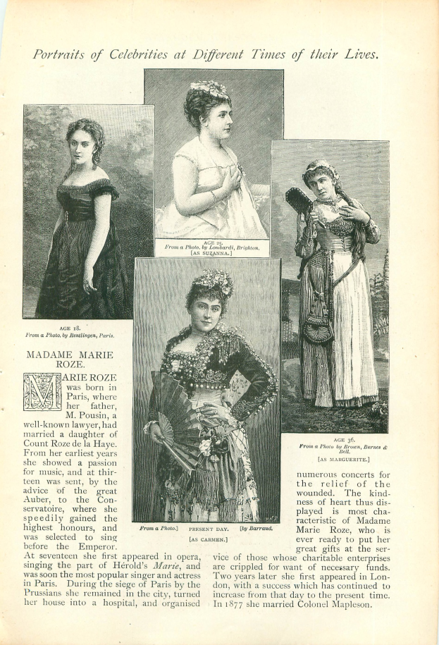Ein altes Buch mit dem Titel "Porträts von Prominenten zu verschiedenen Zeiten ihres Lebens" zeigt ein zentrales Bild einer Frau in einem langen, wallenden Kleid mit einem hohen Kragen und langen Ärmeln, deren Haar zu einem Dutt gebunden ist und die einen sanften Gesichtsausdruck hat.