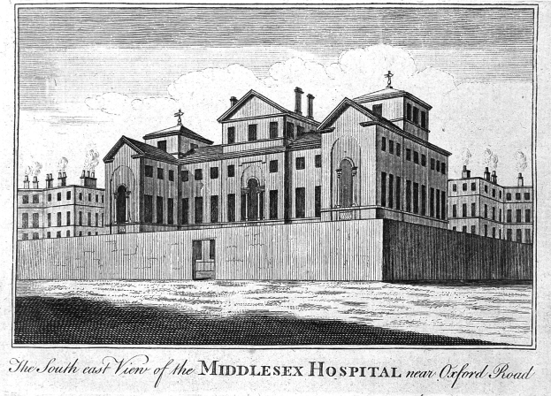 Eine Schwarz-Weiß-Zeichnung des Middlesex Hospitals in der Nähe der Oxford Road mit entfernten Gebäuden und Wolken am Himmel und Text unten.